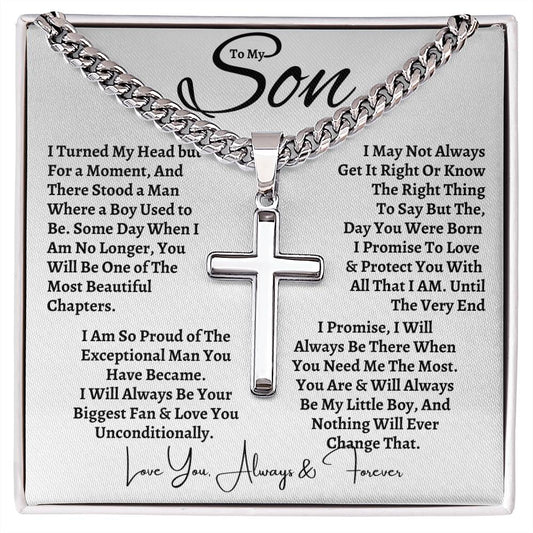 T My Son | Cuban Link Chain with Artisan Cross | Christmas Holiday Birth Graduation Gift for him | Mom Or Dad |