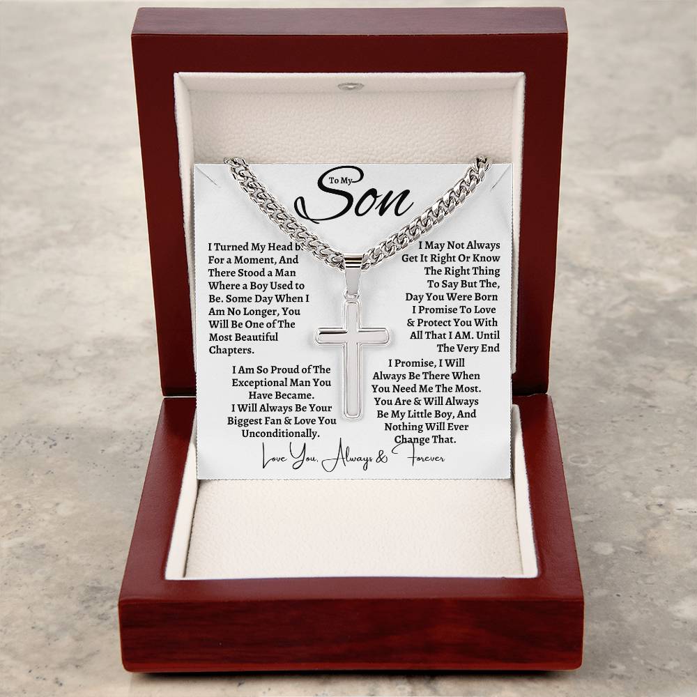 T My Son | Cuban Link Chain with Artisan Cross | Christmas Holiday Birth Graduation Gift for him | Mom Or Dad |